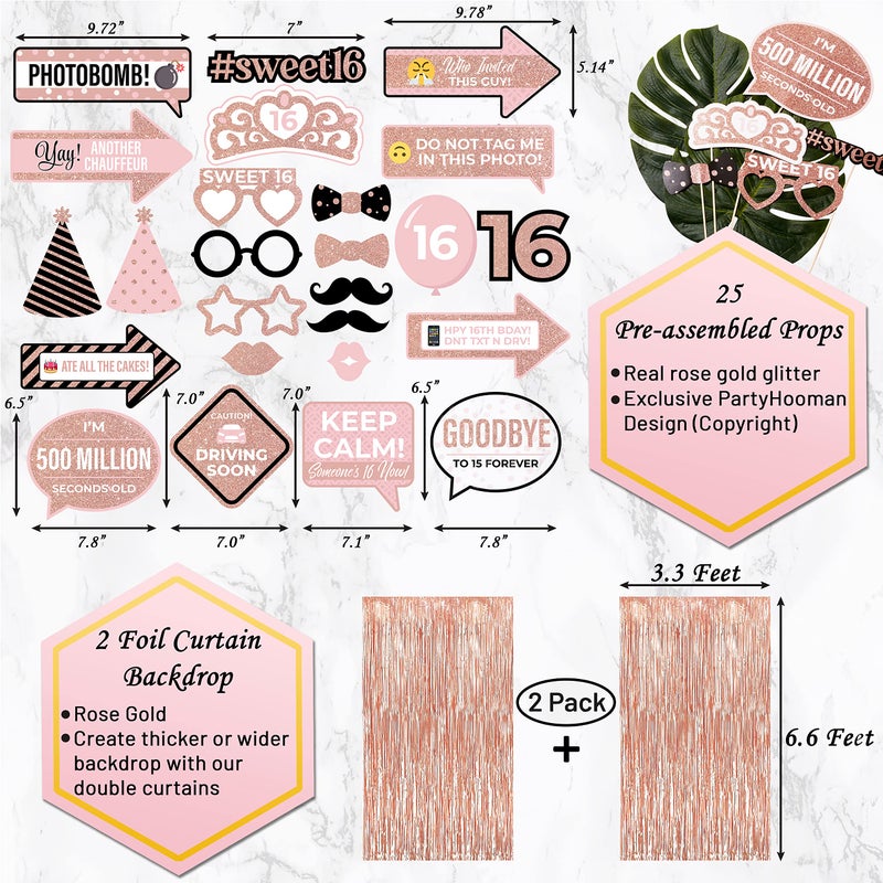PartyHooman Sweet 16 Birthday Decorations Rose Gold With Sweet 16 Sash and Tiara Set, 2Pcs Backdrop, 25Pcs Pre-assembled Photo Booth Props, Balloons, Cake Topper | 16th birthday decorations for girls - Image 5